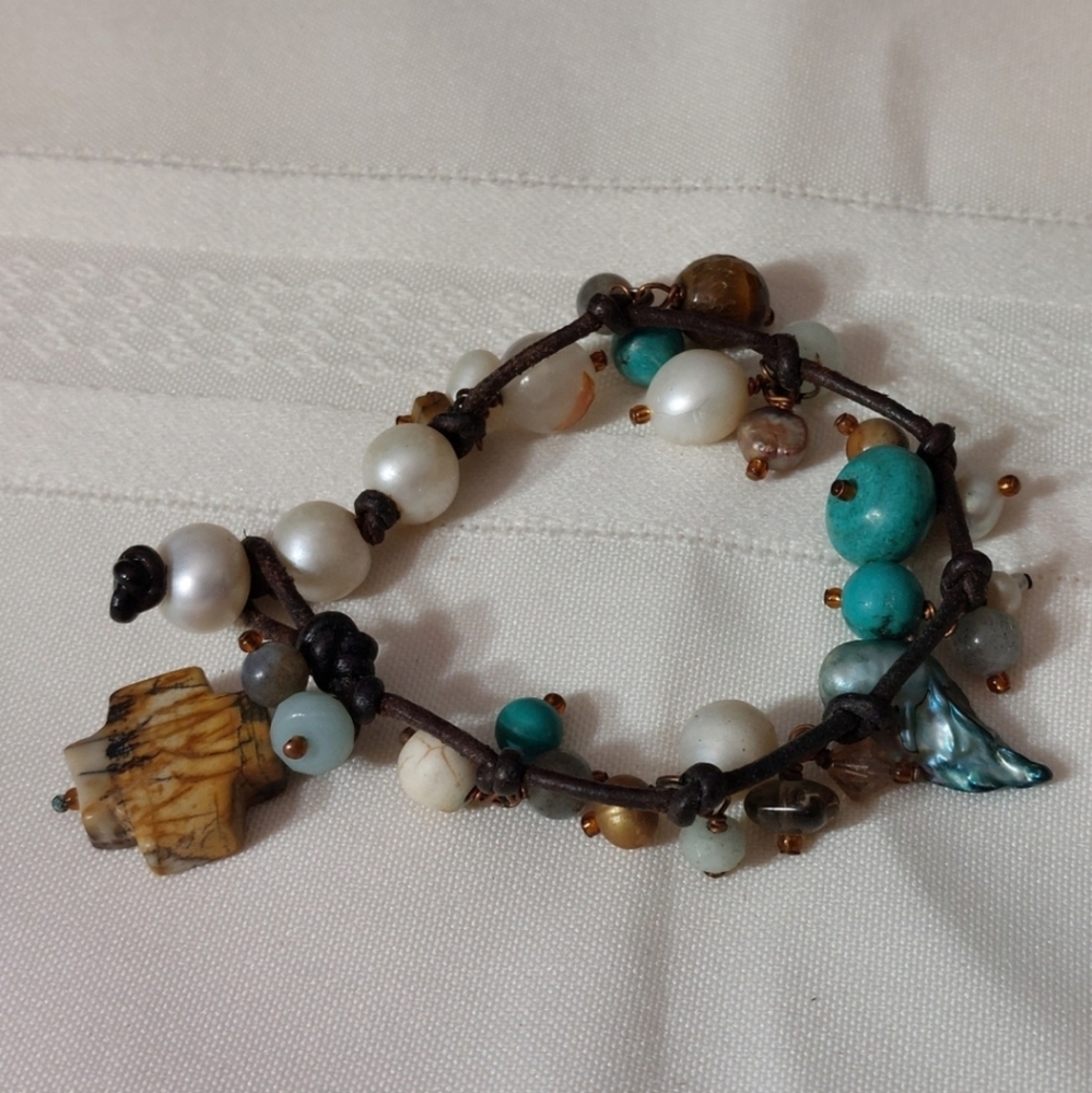 Raw Pearl MOP Shell Howlite Turquoise Agate Multistone Rustic Bracelet